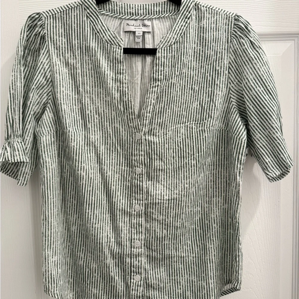 Michael Stars Roxanne Striped Button Down Top Olive Green White Women’s XS - Picture 2 of 8